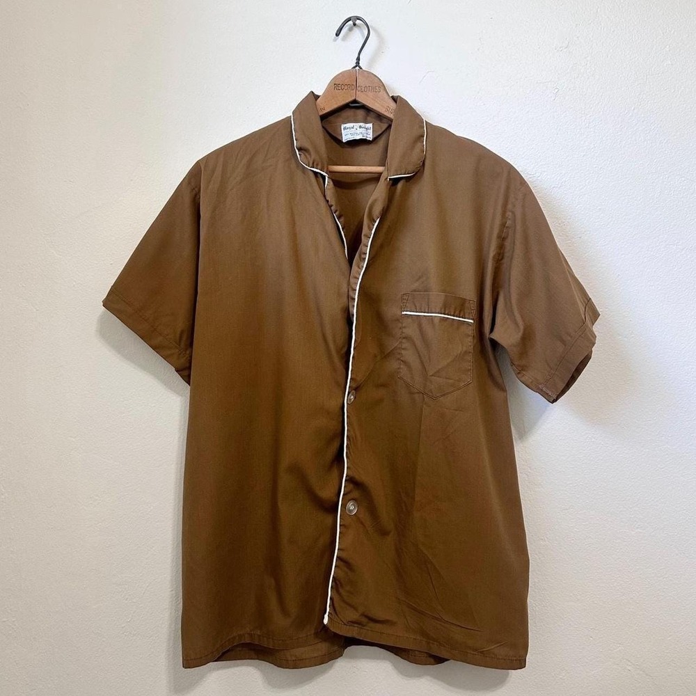 Vintage 60s 70s‎ Royal Knight Brown and white button up shirt pj shirt